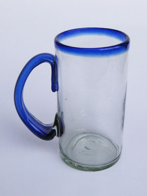 Cobalt Blue Rim Glassware / 'Cobalt Blue Rim' large beer mugs (set of 6) / What better way to enjoy freezing cold beer than with these large blue rim mugs? Thick blown glass helps keep low temperature and full flavor, just the way you like it!